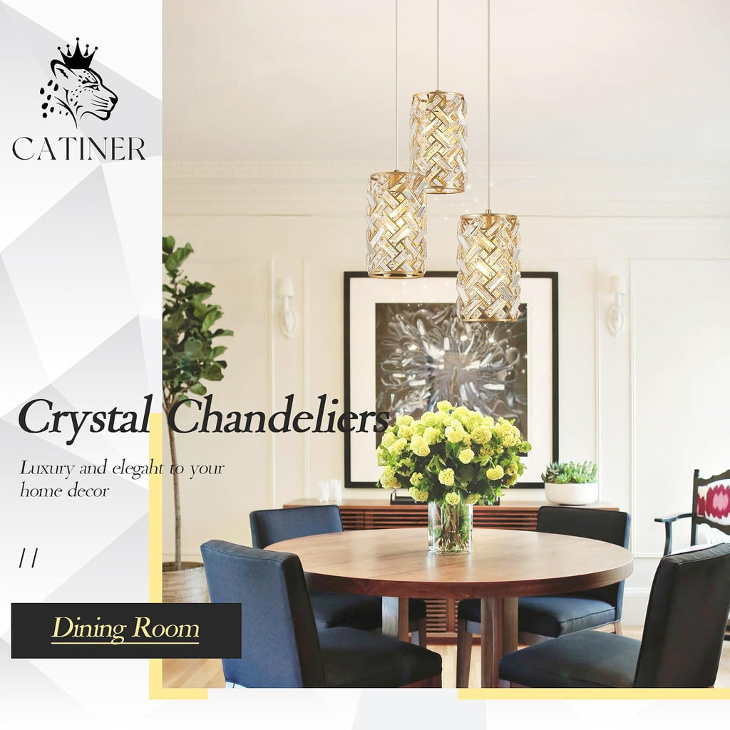 CATINER 3-Light Modern Gold Crystal Pendant Light Luxury Mini Chandelier, Adjustable Cluster Pendant Lighting for Kitchen Island Dinning Room Bedroom Hallway Porch