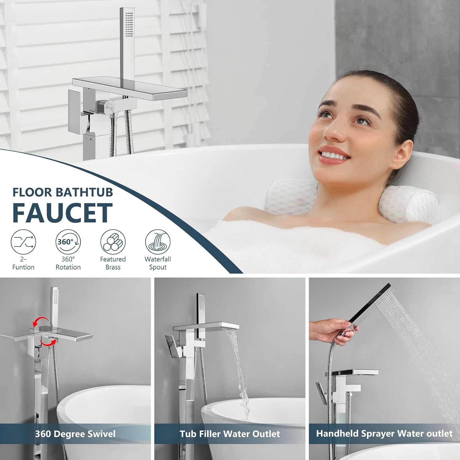 Aolemi Freestanding Bathtub Faucet Floor Mount Tub Filler with Handheld Spray Single Handle Free Standing Bathroom Faucets Swivel Flat Waterfall Spout Polish Chrome
