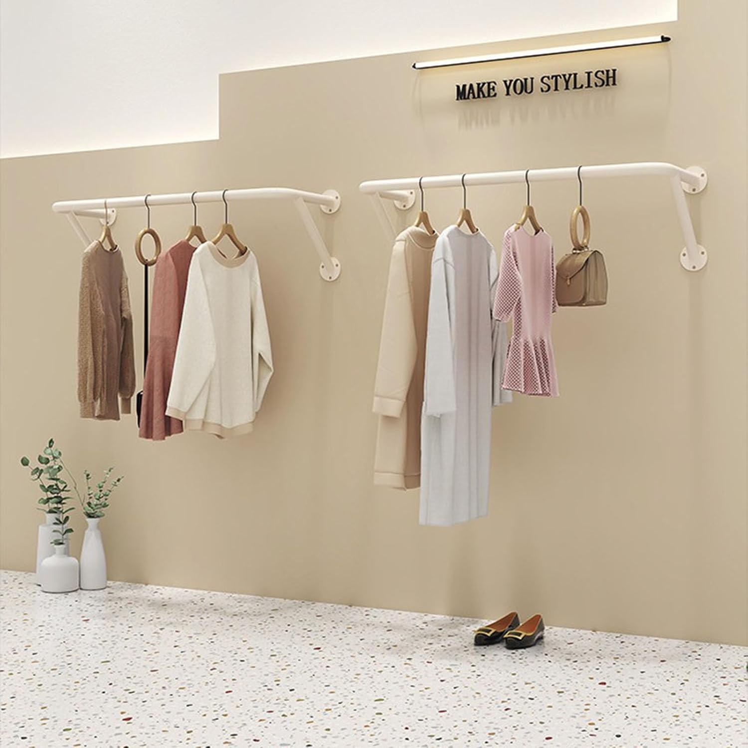 Wall Mounted Industrial Pipe Garment Rack,Retail Store Clothing Display Stand, Space-Saving Hanging Closet Rod,Metal Clothing Towel Rack, Garment Hanging Storage Rail,for Bedroom Laundry Room