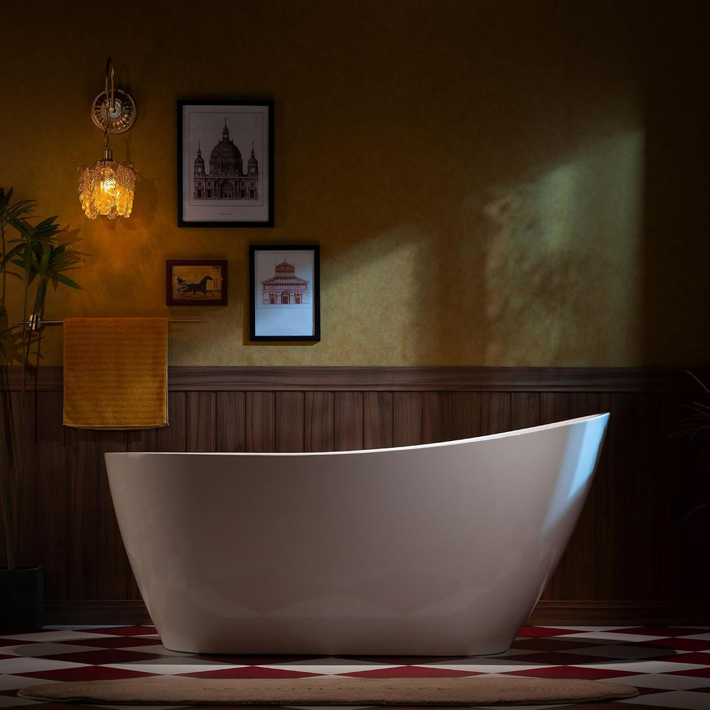 WOODBRIDGE 59' Acrylic Freestanding Bathtub Contemporary Soaking White Tub with Chrome Overflow and Drain,White