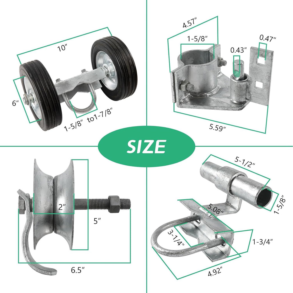 6' Sliding Gate Hardware Kit for Chain Link Fence, Heavy Duty Rolling Gate Kit with 2 Track Wheels, 6 Wall Mounted Brackets, 1 Rolo Latch, Galvanized Steel