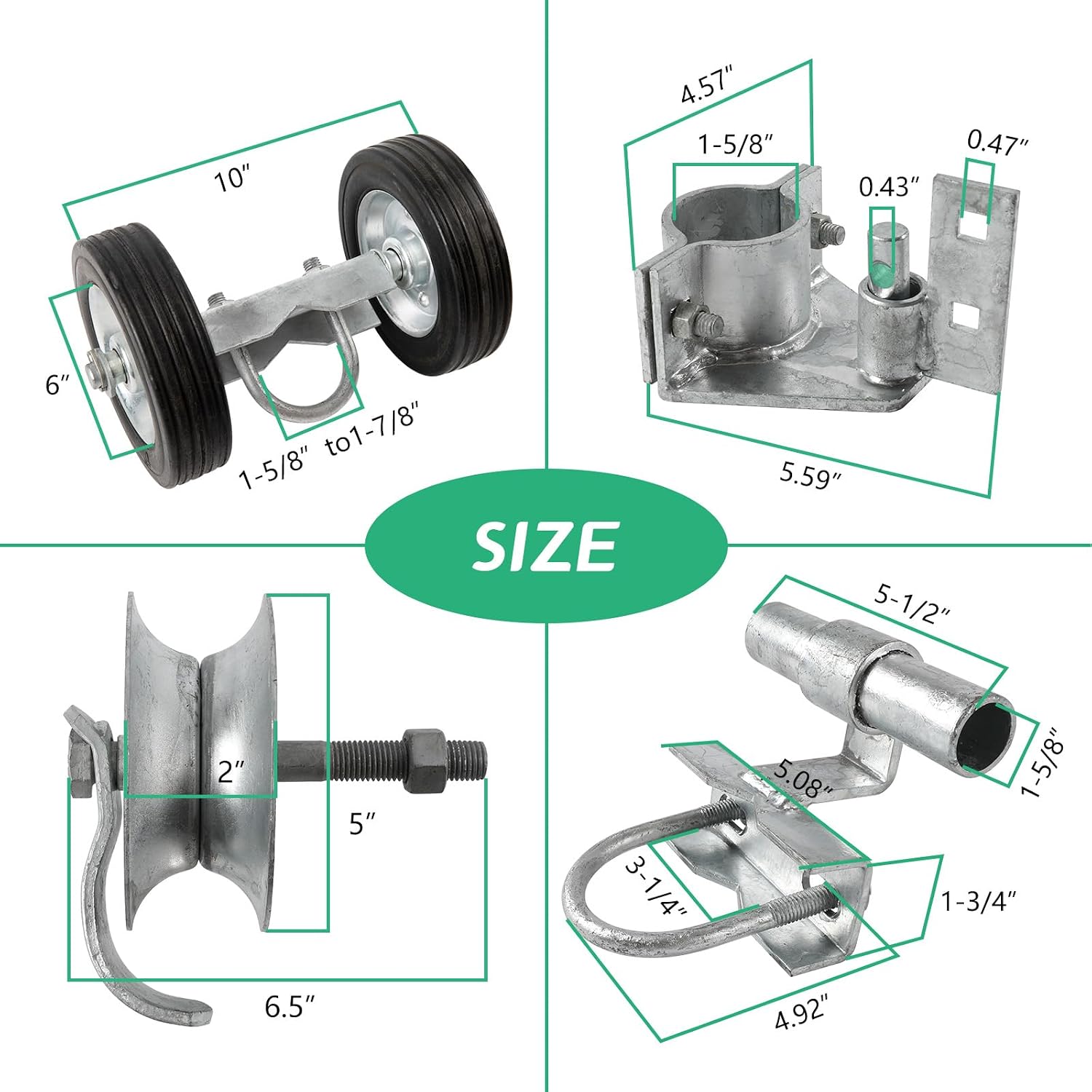 6' Sliding Gate Hardware Kit for Chain Link Fence, Heavy Duty Rolling Gate Kit with 2 Track Wheels, 6 Wall Mounted Brackets, 1 Rolo Latch, Galvanized Steel