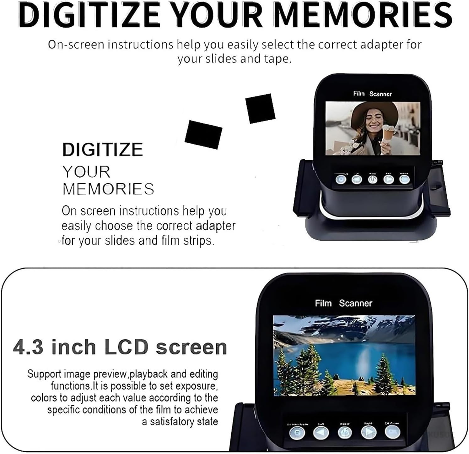 Film Scanner High Resolution 22MP USB/SD Slide Scanner 4.3' LCD Screen Converts 120/135/126/127 Negatives Slides to Digital JPEG