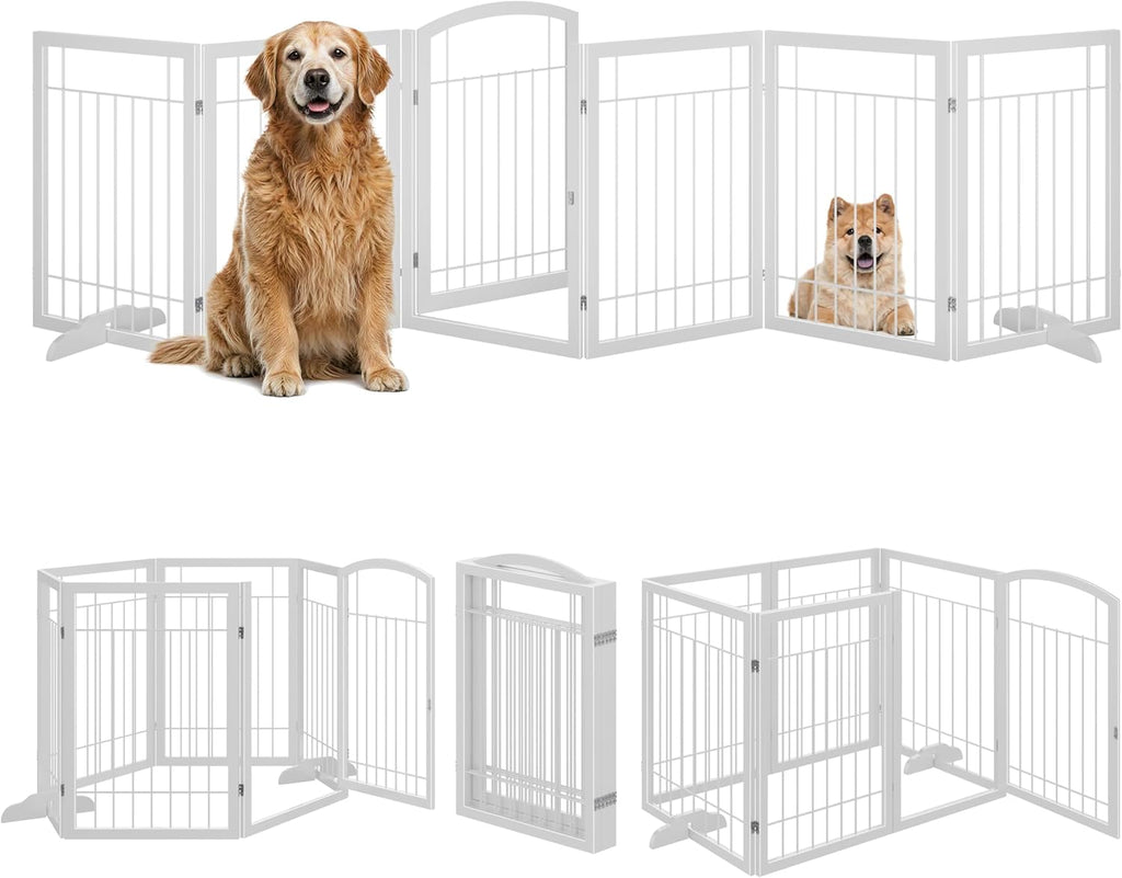 Vantas Folding Pet Gate 144' Wide, 30' Tall No-Assembly Metal Dog Gate with Door Walk Through, Freestanding Wire Pet Puppy Safety Fence, with 2PCS Support - White