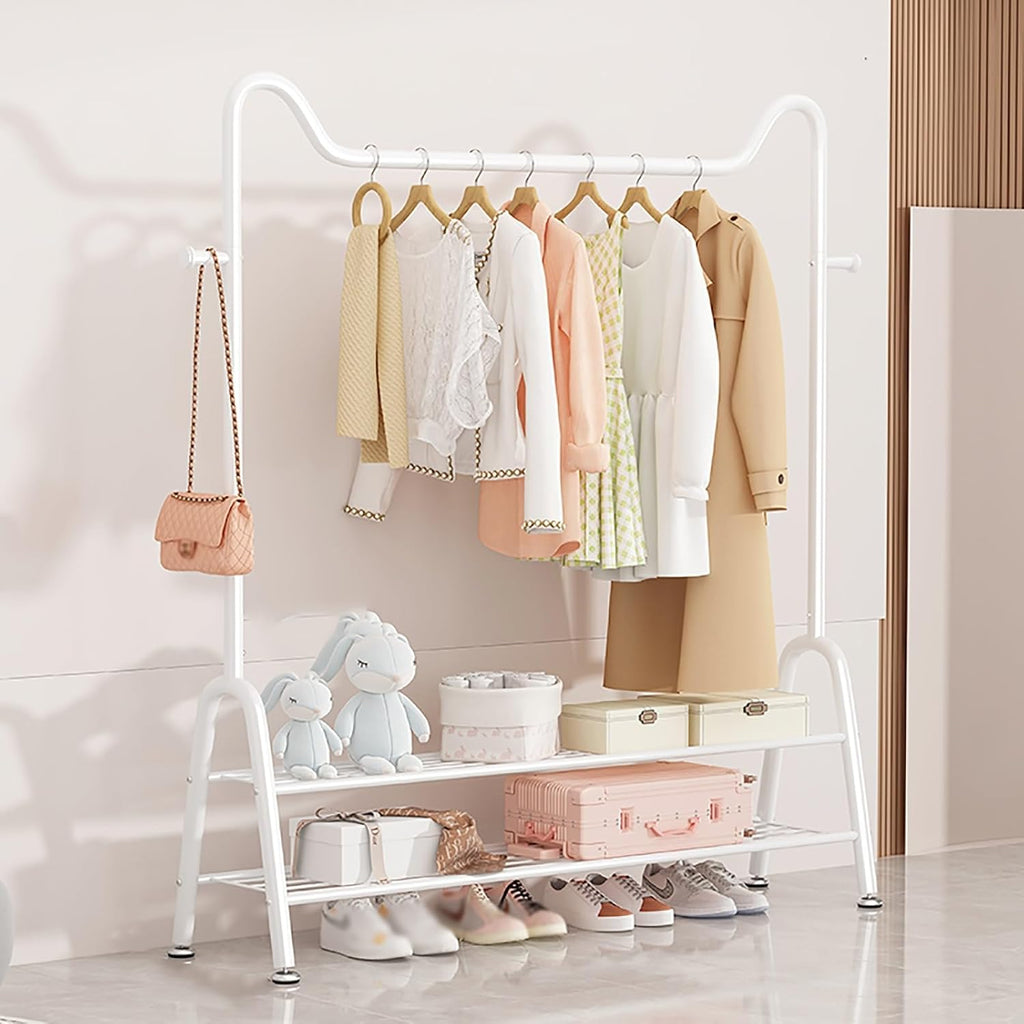 Portable Clothes Rack For Hanging Clothes,Heavy-Duty Garment Rack With Storage Shelves And Coat/Hat Hooks,Freestanding Rolling Clothing Racks Organizer For Bedroom Entrance(White,80cm(31.5in))