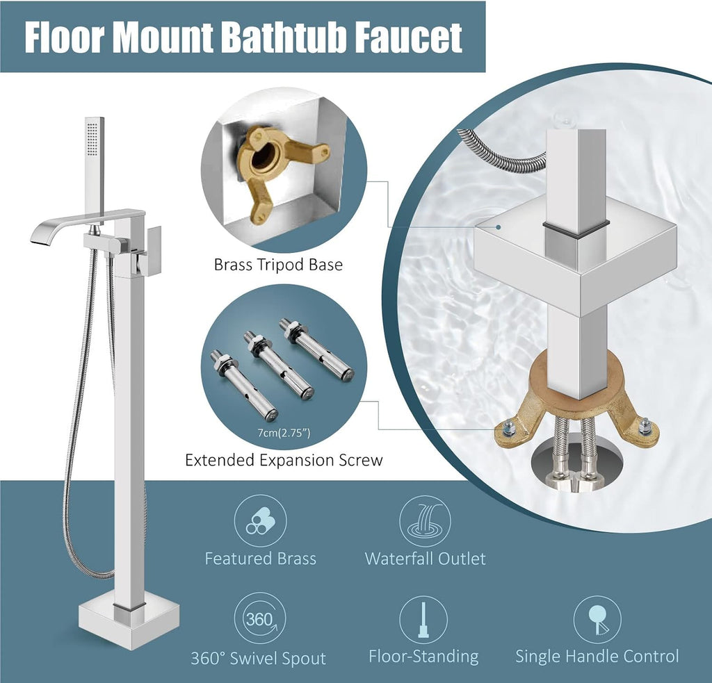 Aolemi Freestanding Bathtub Faucet Floor Mount Tub Filler with Handheld Spray Single Handle Free Standing Bathroom Faucets Swivel Curved Waterfall Spout Polish Chrome