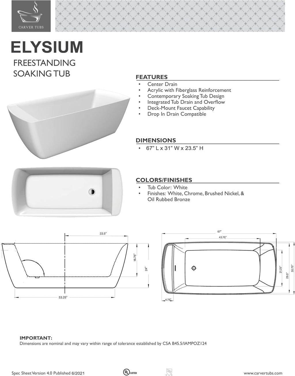 Carver Tubs - Elysium 67' - Acrylic Freestanding Soaking Bathtub - Comes With Heated Air Jetted Massage - White Modern Rectangle Acrylic Tub with Chrome End Drain - 59'L x 31.5'W x 23.5'H