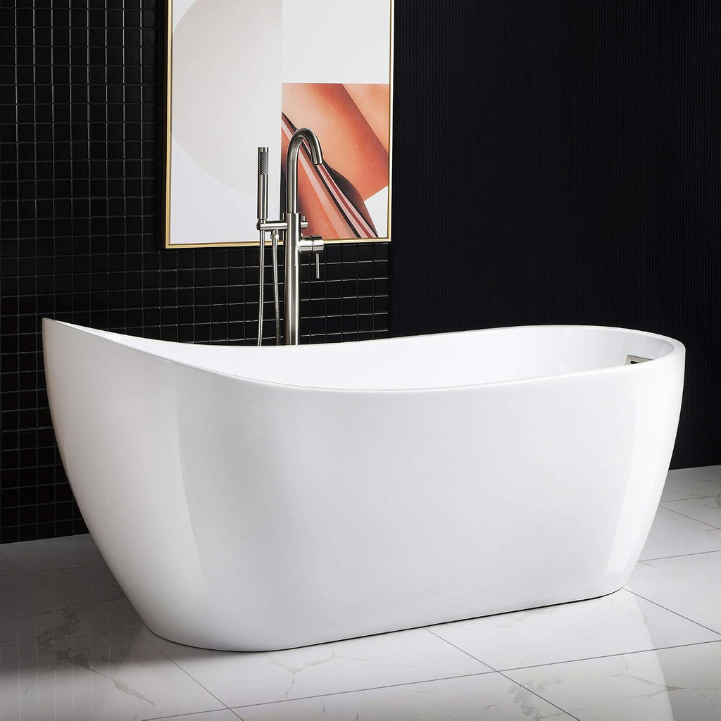 WOODBRIDGE 67' Acrylic Freestanding Bathtub Contemporary Soaking White Tub with Brushed Nickel Overflow and Drain，B-0001-BN