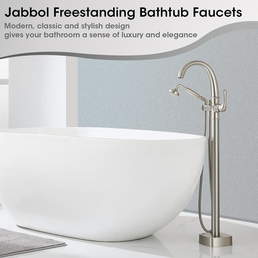 Free Standing Tub Faucet, Jabbol Luxury Freestanding Bathtub Faucet with Sprayer, Brass Bathroom Floor Mount Tub Filler, Brushed Nickel (JB-8811BN)