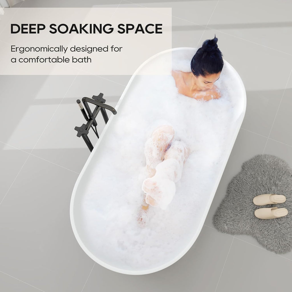SJ STAR&JANE 59' Solid Surface Freestanding Bathtub, Matte White Oval Soaking Stone Resin Tub with Overflow and Pop-up Drain for Modern Bathrooms