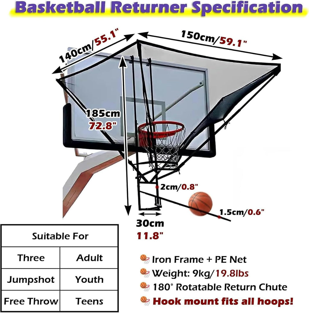 Basketball Hoop Returner Shot Return Apparatus Youth/Adults/Kids Catcher Net Rebounder Metal for Home School Gym Hang Portable Train