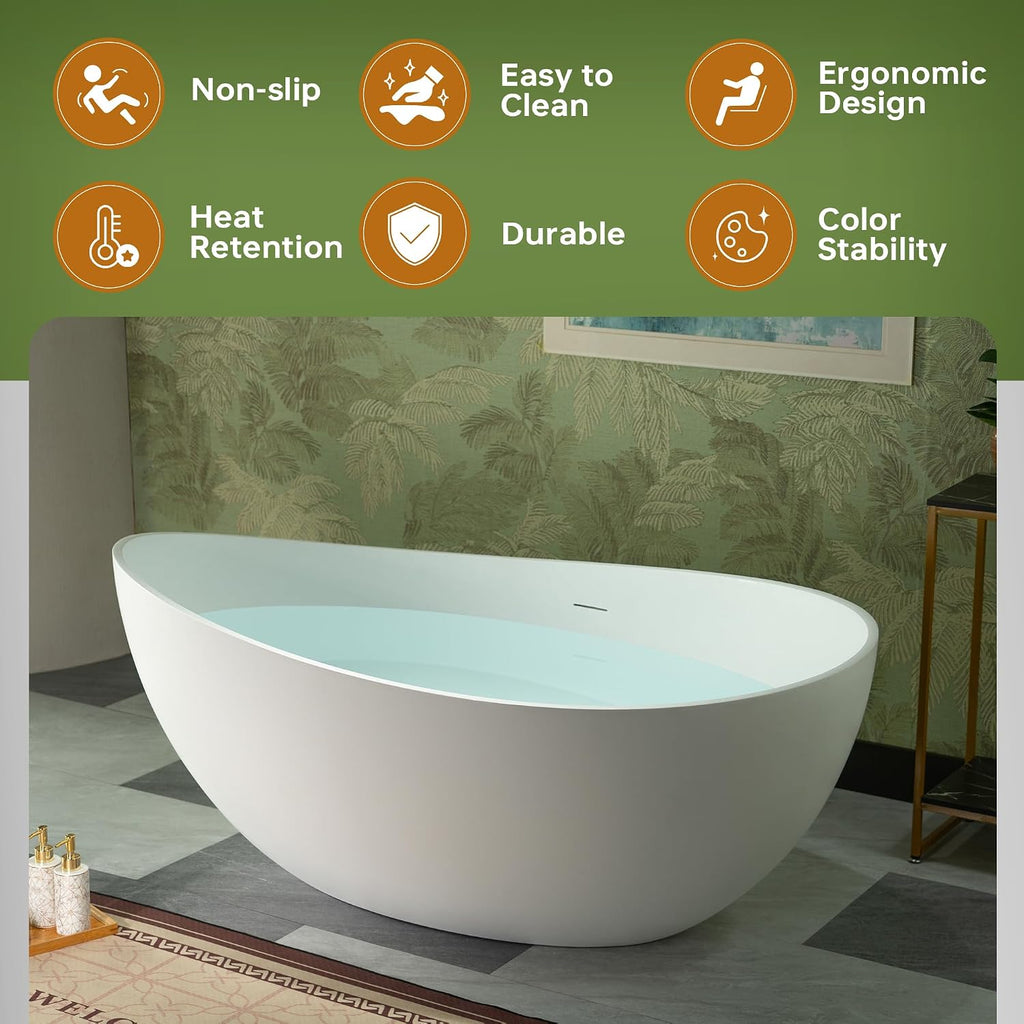 WOODBRIDGE 63' L x 35-3/8' W Luxury Contemporary Solid Surface Stone Resin Freestanding Bathtub in Matte White