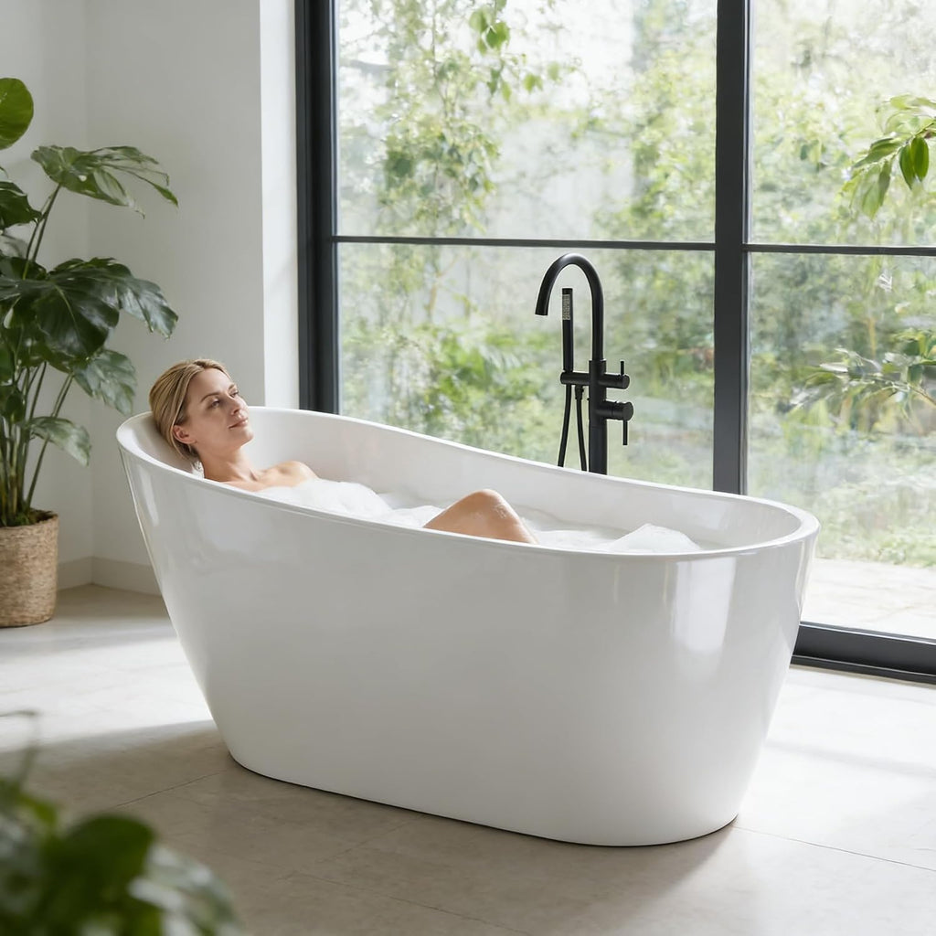 67' Freestanding Bathtub, Black Exterior White Interior Acrylic Stand Alone Soaking Tub, Modern Oval Bath with Ergonomic Design and Chrome Drain for Bathroom Remodel and Home Spa