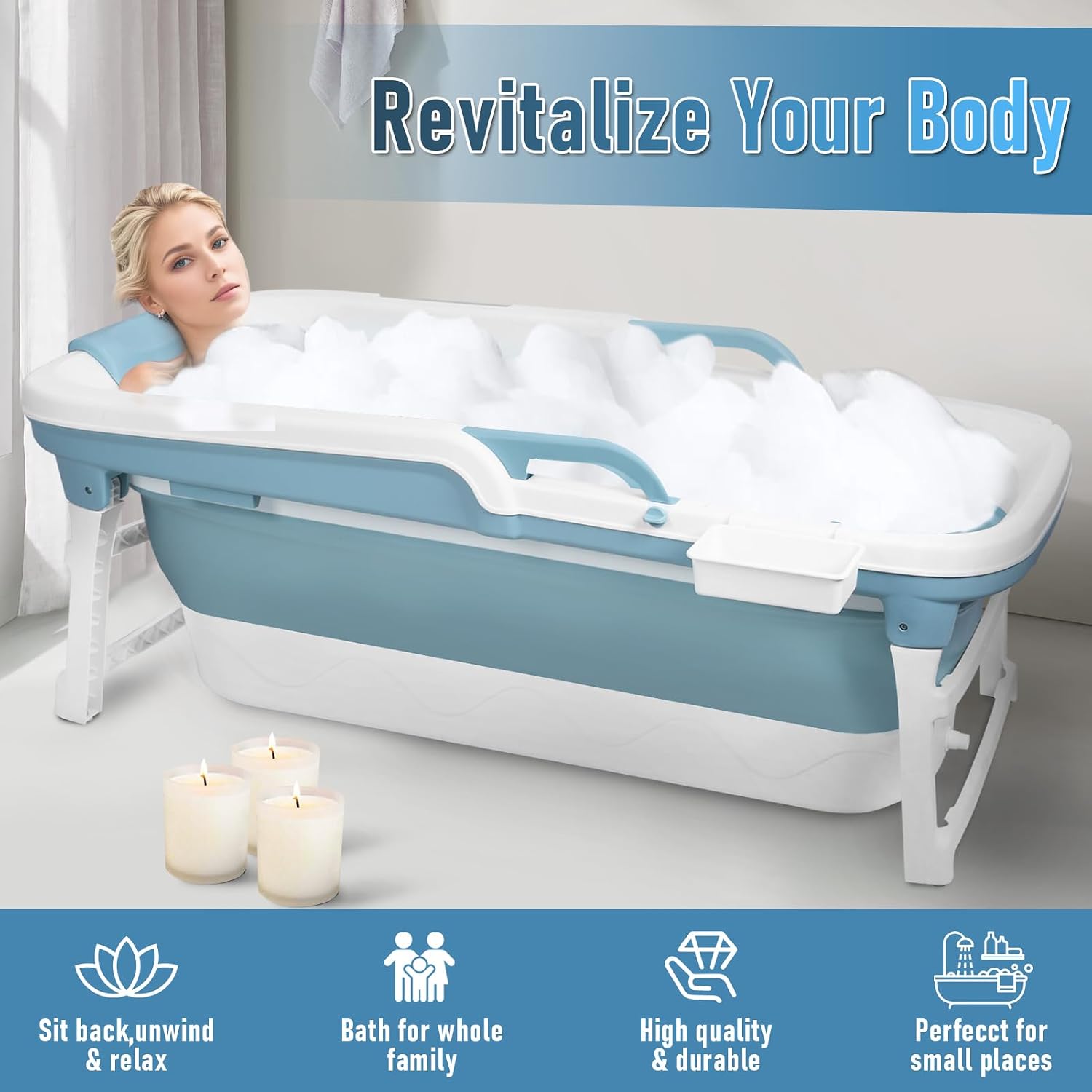 51 Inch Foldable Bathtub for Adults, Large Portable Tub for Shower, Effortless Collapsible Bathtub Adult for Spacious Bathrooms & Outdoor Use, Ideal for Ice Baths & Hot Baths (Blue, 51 Inch)