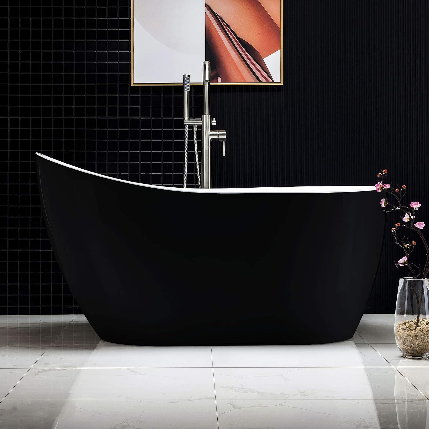 WOODBRIDGE 54' Acrylic Freestanding Bathtub Contemporary Soaking Tub with Brushed Nickel Overflow and Drain BTA1807,Black