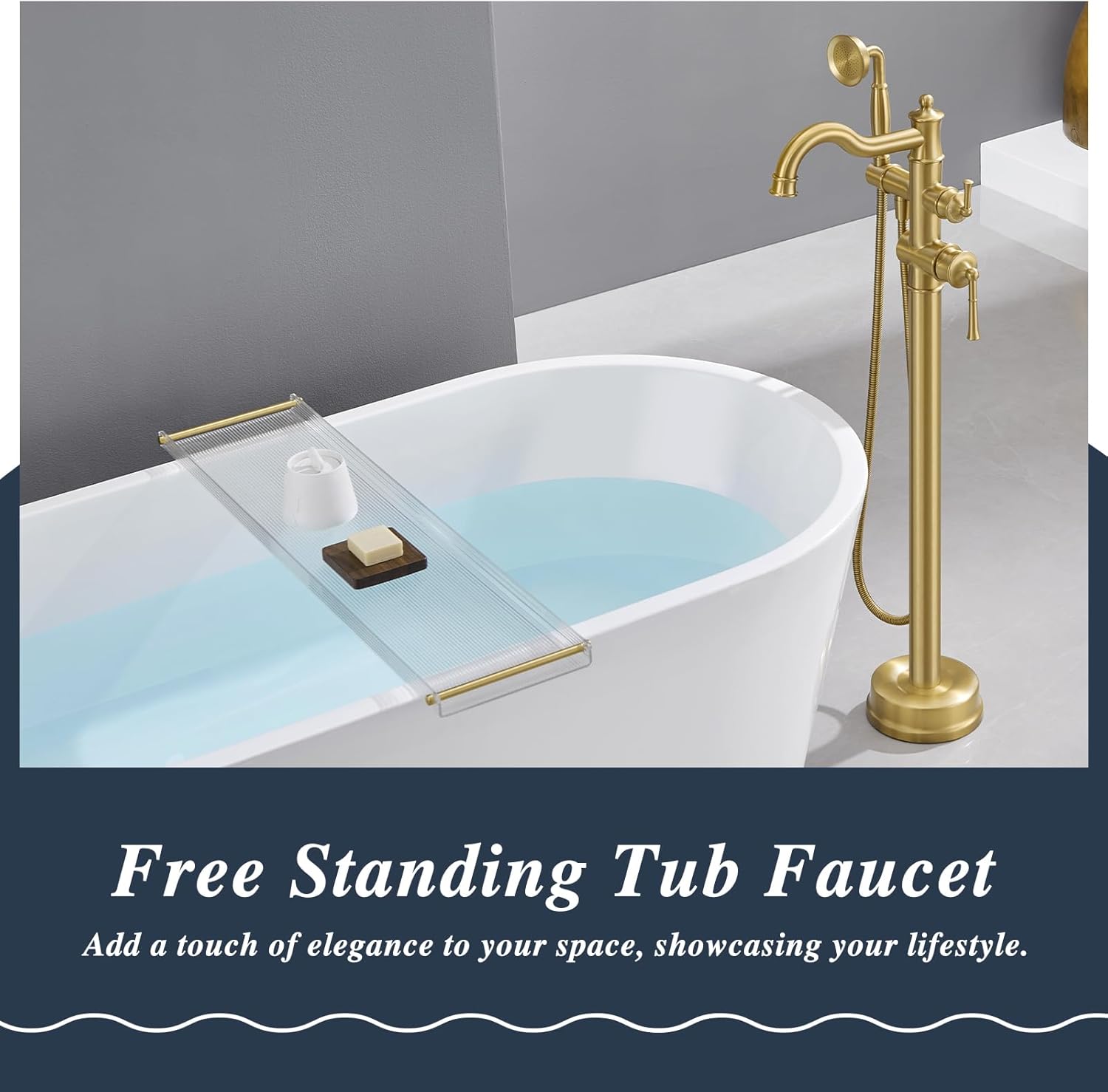 Free Standing Tub Faucet, Qinkell Classic Elegant Gooseneck Freestanding Bathtub Faucet with Sprayer Brass Luxury Floor Mount Bath Faucets High Flow Roman Tub Filler, Brushed Gold (QC-202511BG)