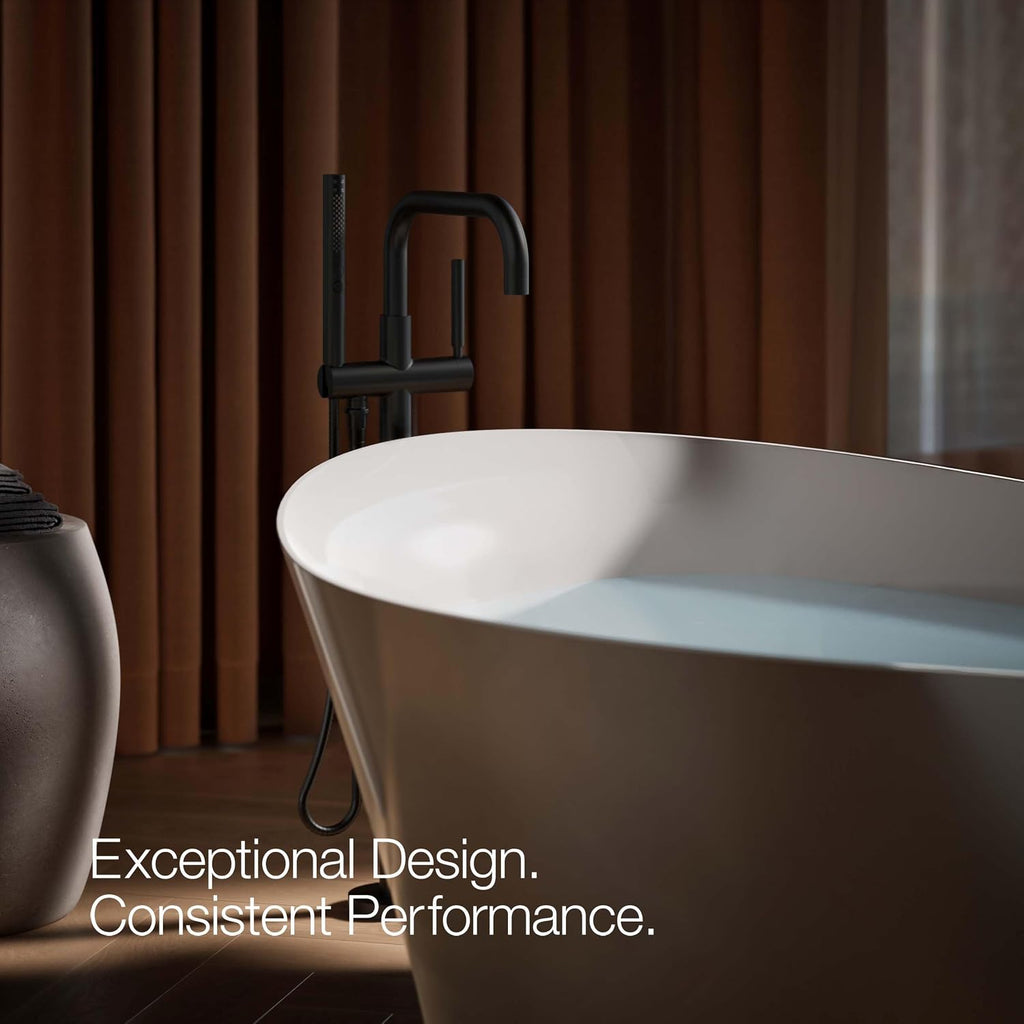 KOHLER T97328-4-BL Purist Floor-Mount Bath Filler Trim with Handshower, Single Lever Handle Bathtub Faucet, 1.75 GPM Handshower, Matte Black