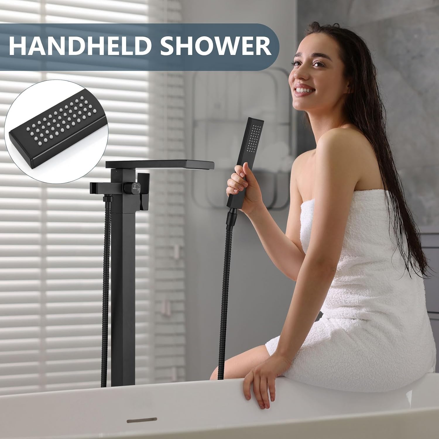 Aolemi Freestanding Bathtub Faucet Floor Mount Tub Filler with Handheld Spray Single Handle Free Standing Bathroom Faucets Swivel Flat Waterfall Spout Matte Black