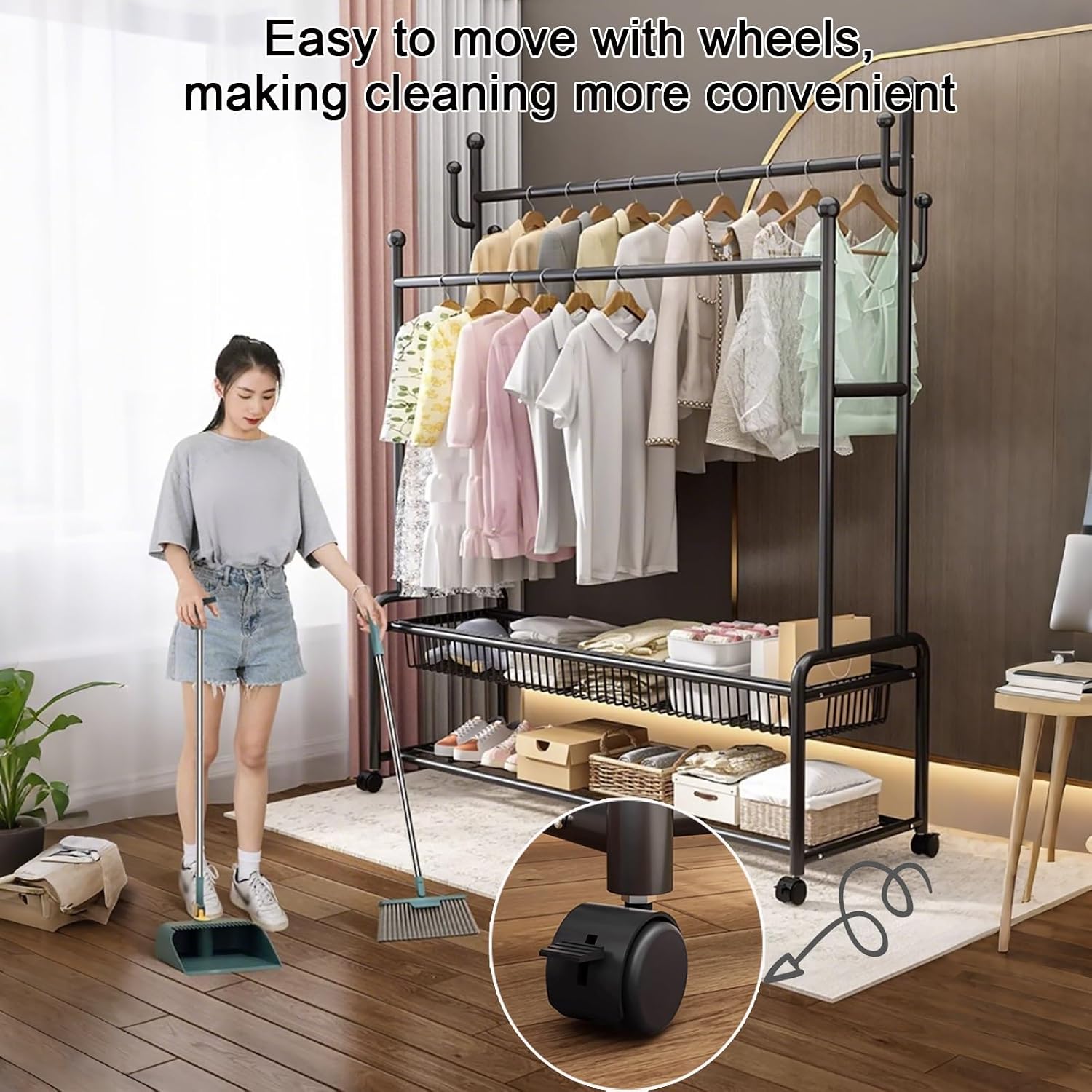 Clothes Rack With Wheels,Metal Garment Rack With Storage Shelves And Coat/Hat Hooks,Freestanding Clothing Organizer,Black/Gold(White,120cm(47.2in))