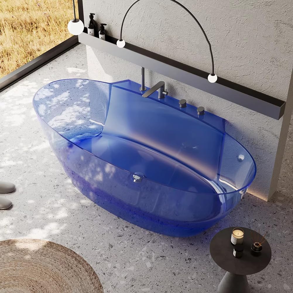 Ergonomic Luxury Spa Bathtub, Oval-Shaped Transparent Resin Tub with Drain, Handcrafted Extra-Deep Tub, Modern Spa Bathroom, 55-70 Inches,B l140cm