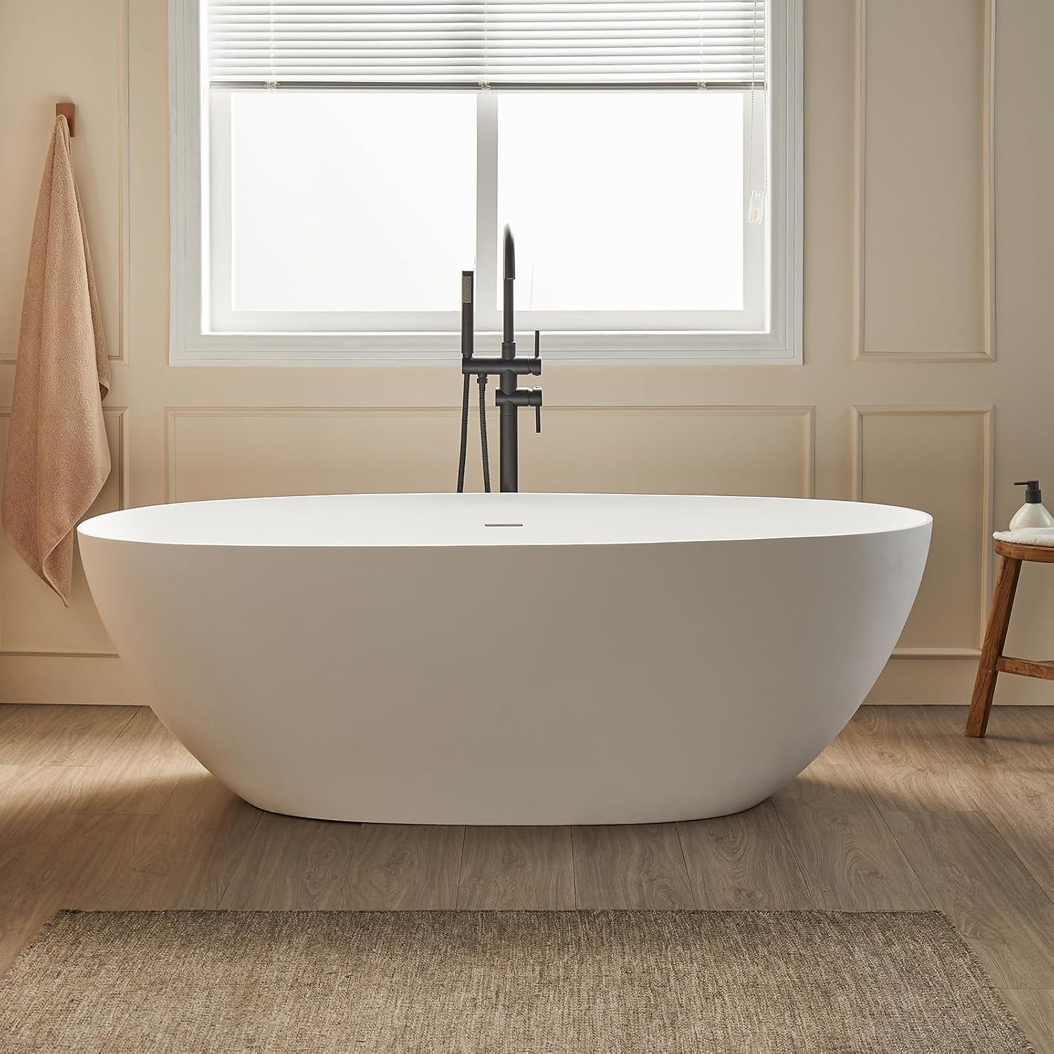 Cpingao 63' Solid Surface Freestanding Bathtub, Modern Oval Shape Soaking Tub, Stone Resin Stand Alone Bathtub with Drain & Integrated Slotted Overflow Matte White 8845-1600