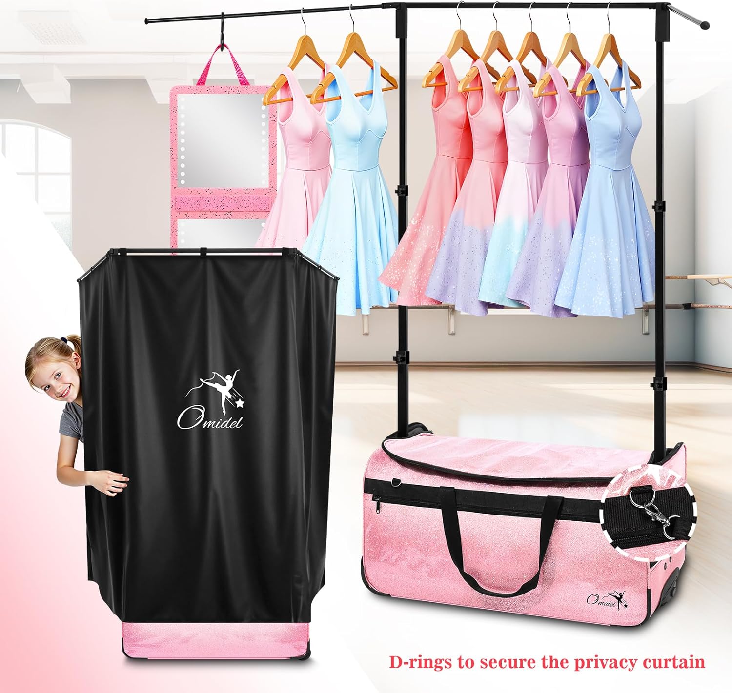 Dance Bag with Garment Rack and Curtain, 28' Rolling Dance Competition Duffle Bag with Garment Rack | Mobile Changing Station Dance Suitcase for Dancer Athlete Livestreamer Cheerleader Cosplayer