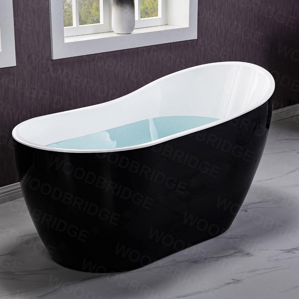 WOODBRIDGE 54' Freestanding White Acylic Soaking Bathtub with Matte Black Drain and Overflow,Black,B1807-MB