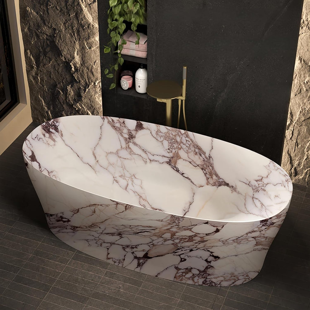 Freestanding Bathtub - Extra Deep Soaking Tub, Solid Surface With Marble-Style Polymer Stone, Free Standing Design For Modern Bathroom Spa Comfort (64',Marble pattern)