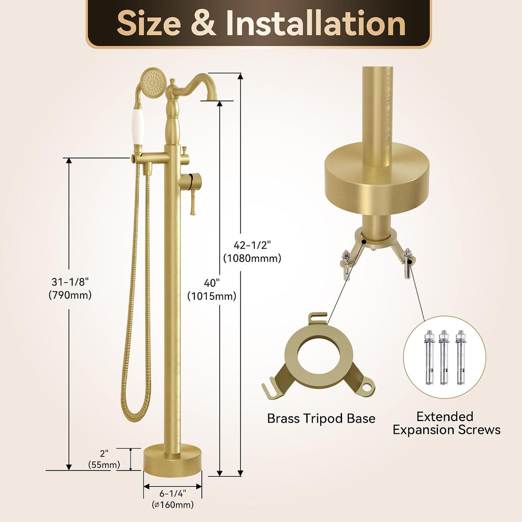 SUPERFLO Freestanding Bathtub Faucet Brushed Gold Tub Fillers Freestanding, Brass Free Standing Tub Faucet Floor Mounted With Ceramic Retro Hand Shower & Water Hose