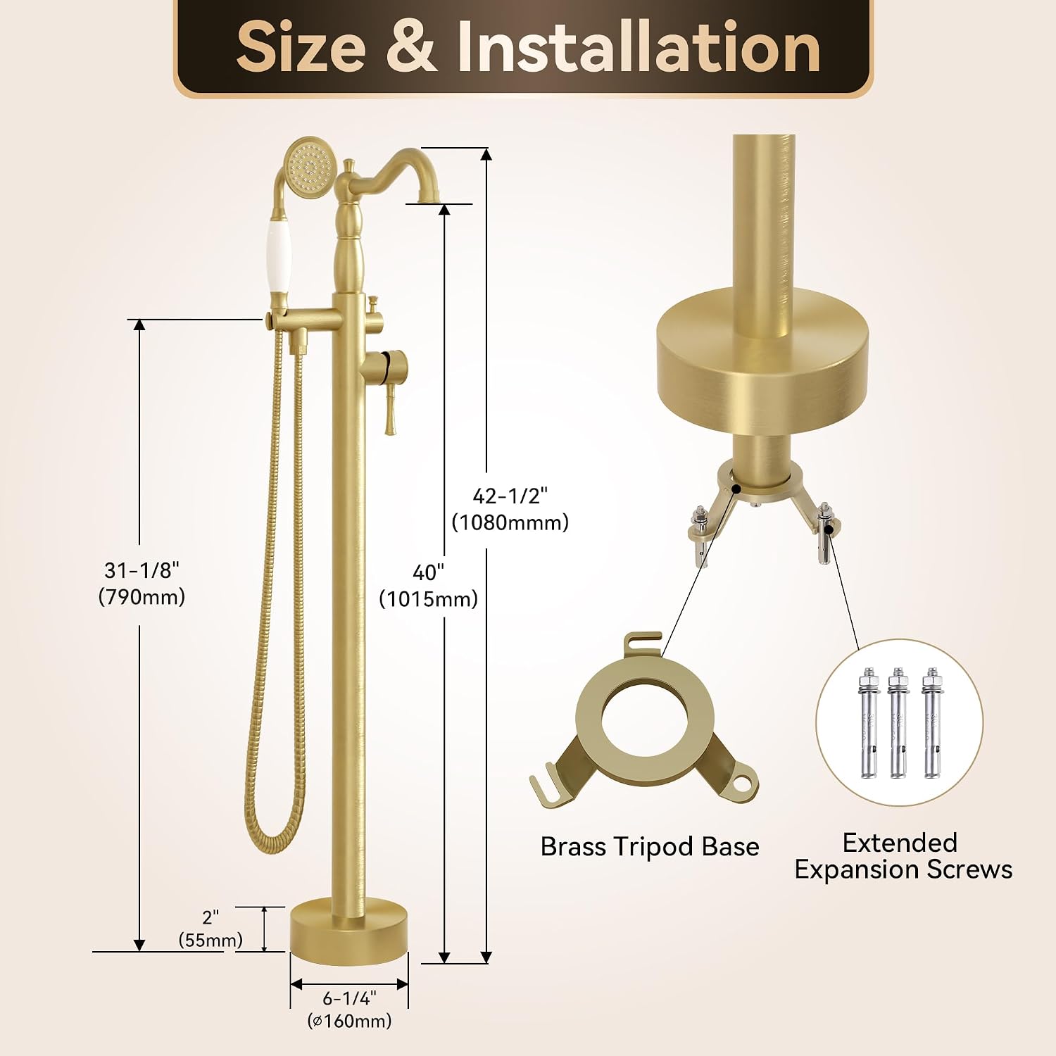 SUPERFLO Freestanding Bathtub Faucet Brushed Gold Tub Fillers Freestanding, Brass Free Standing Tub Faucet Floor Mounted With Ceramic Retro Hand Shower & Water Hose