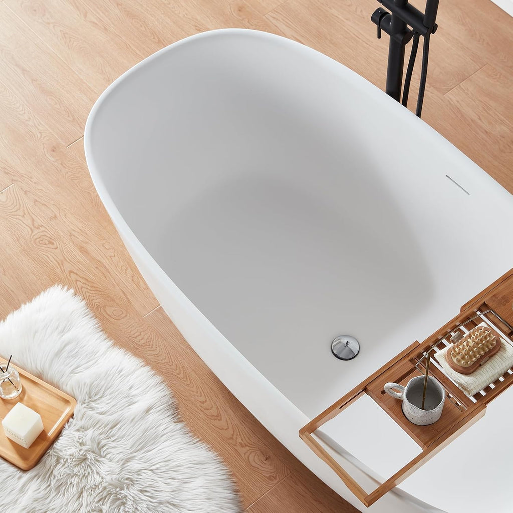 Cpingao (63'Lx31.5'Wx22'T) Stone Resin Solid Surface Freestanding Bathtub, Modern Elegant Design Soaking Stand Alone Tub, Matte White, Chrome Drain and Overflow Included 8823A