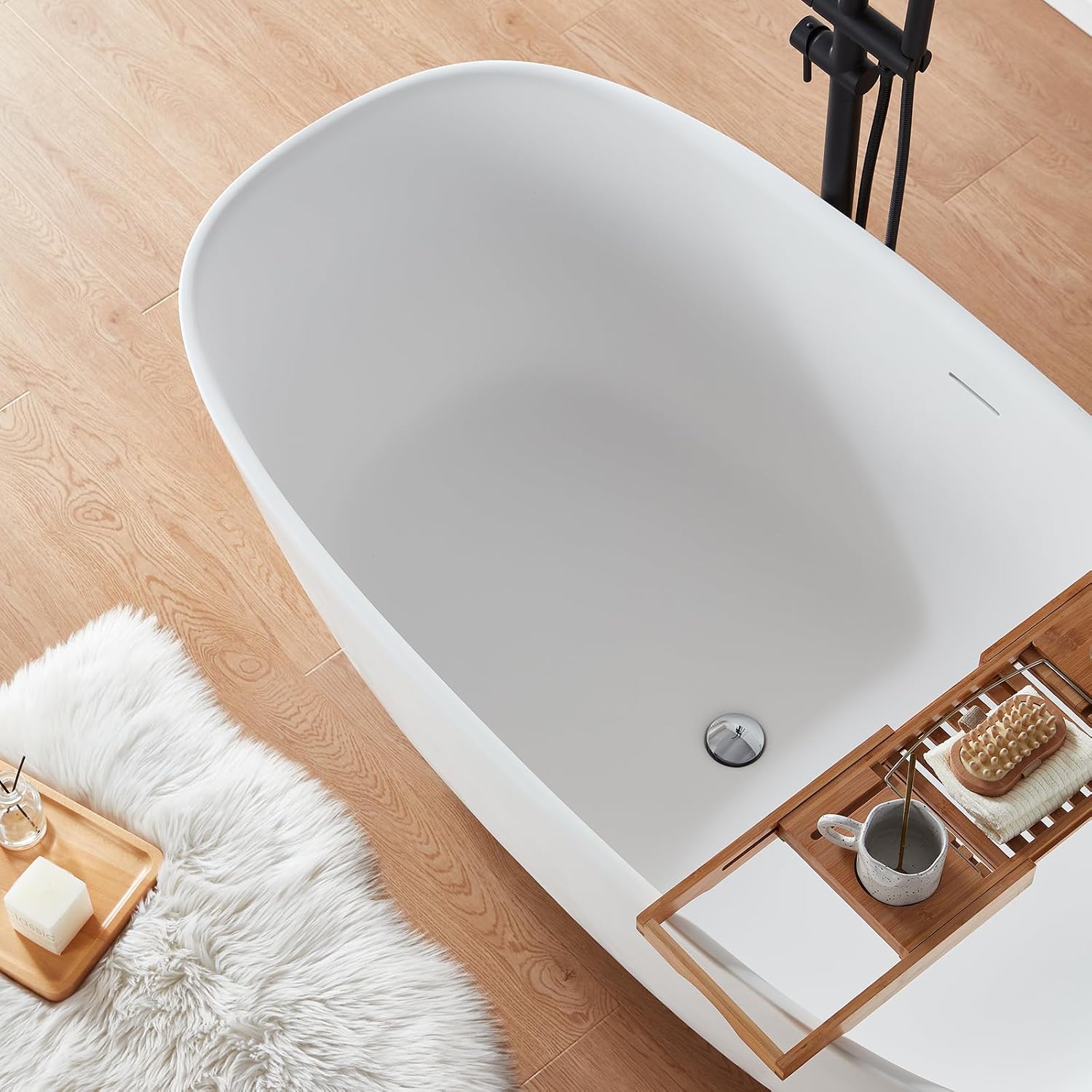 Cpingao (63'Lx31.5'Wx22'T) Stone Resin Solid Surface Freestanding Bathtub, Modern Elegant Design Soaking Stand Alone Tub, Matte White, Chrome Drain and Overflow Included 8823A