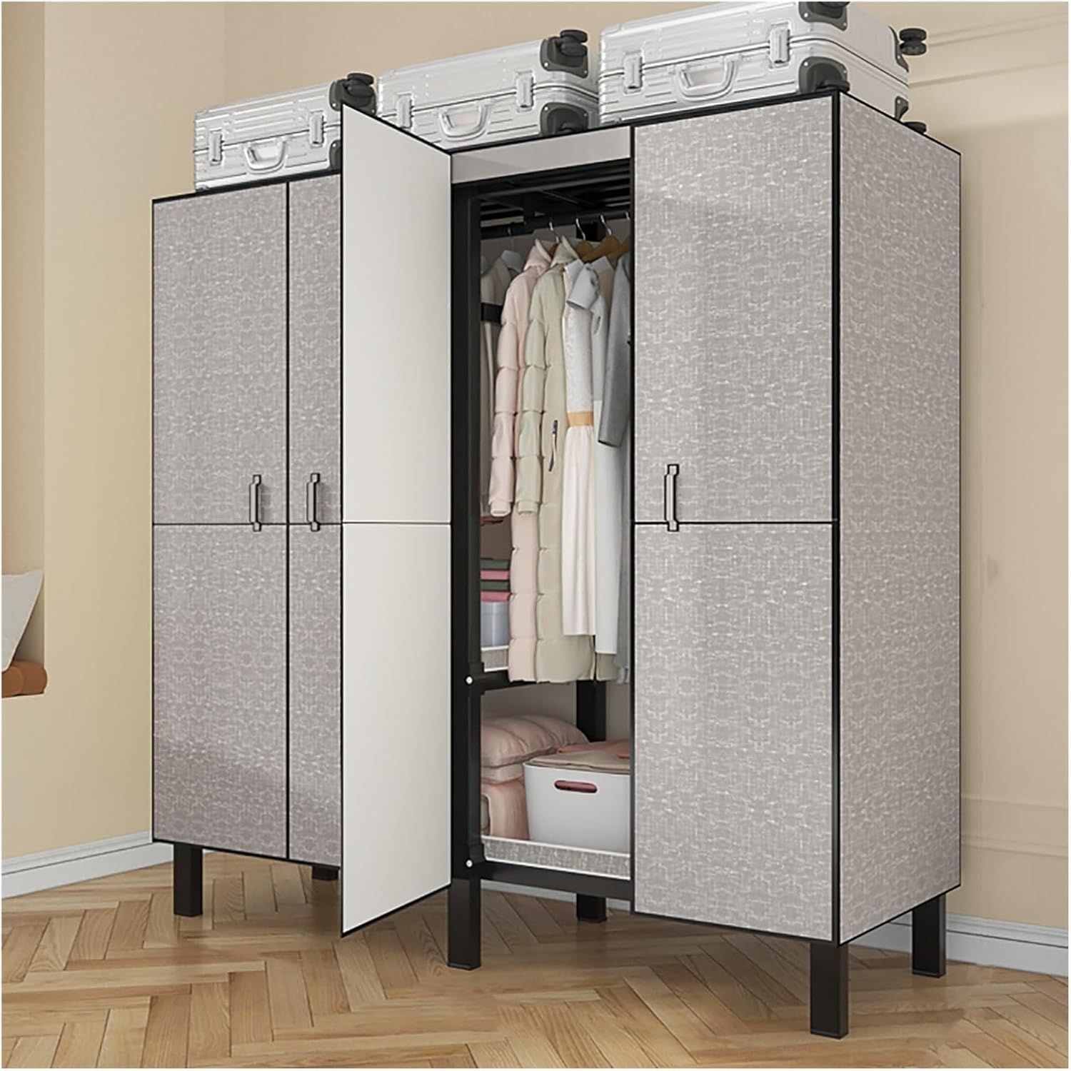 Foldable Metal Garment Rack, Wardrobe Closet With Cover, 1200lbs Heavy Duty Clothing Rack For Hanging Clothes, Portable Enclosed Closet Rack For Hanging Clothes Storaging(C,150cm/59.1inch)