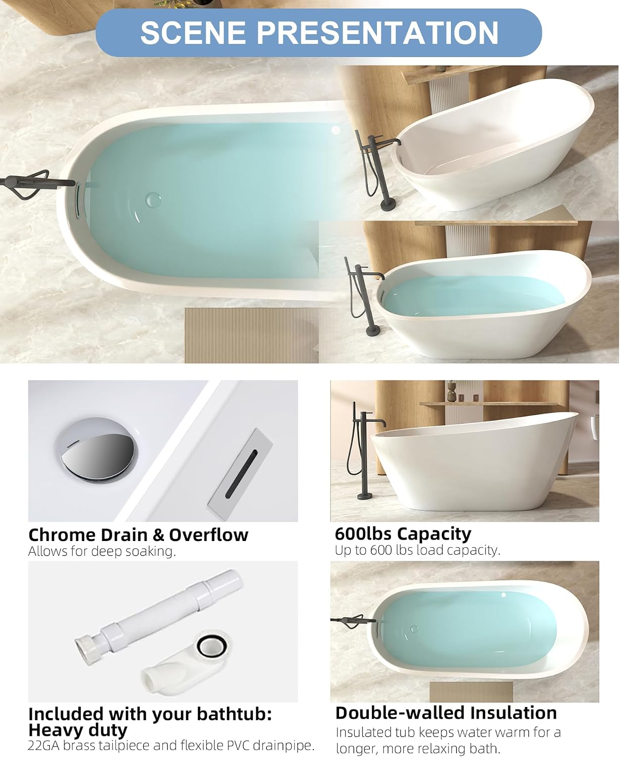 67' Acrylic Freestanding Bathtub, Special-Shaped Slipper Soaking Tub with Chrome Overflow & Pop-Up Drain, cUPC Certified Free Standing Tub for Bathrooms, Gloss White