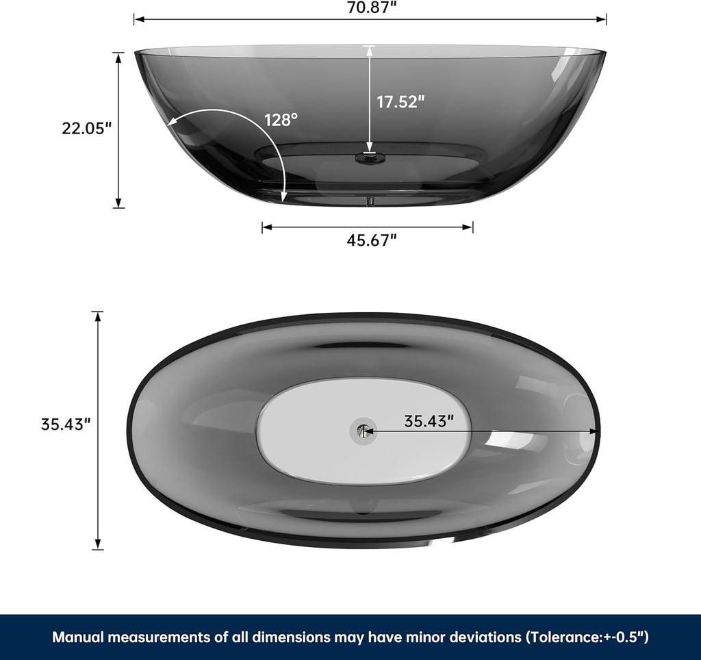 Stone Resin Freestanding Bathtub 71', Elegant Oval Shape Soaking Tub, Solid Surface Stand Alone Bathtub with Drain & Integrated Slotted Overflow Transparent Grey AMFS303-1800 Grey