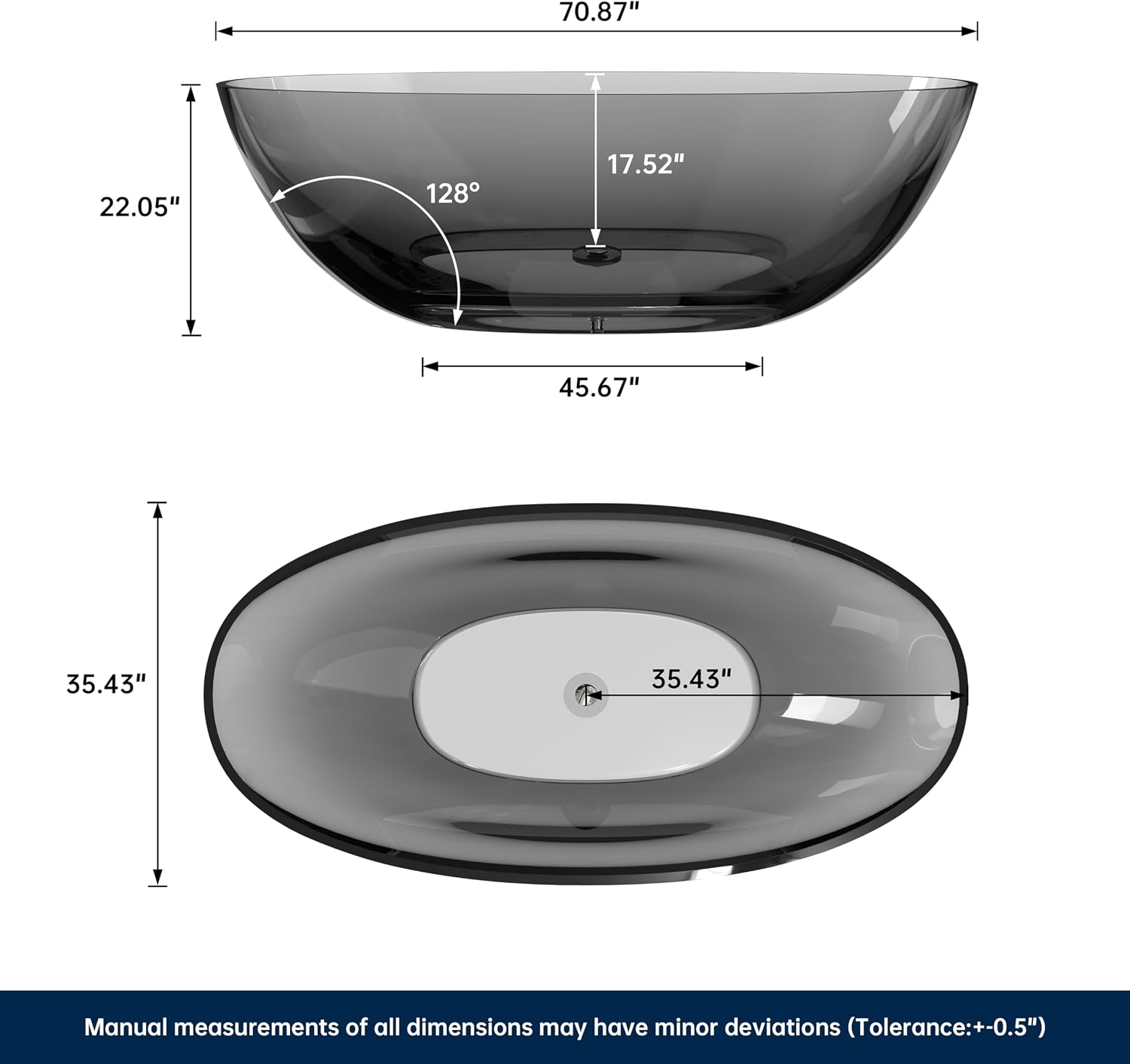 Stone Resin Freestanding Bathtub 71', Elegant Oval Shape Soaking Tub, Solid Surface Stand Alone Bathtub with Drain & Integrated Slotted Overflow Transparent Grey AMFS303-1800 Grey