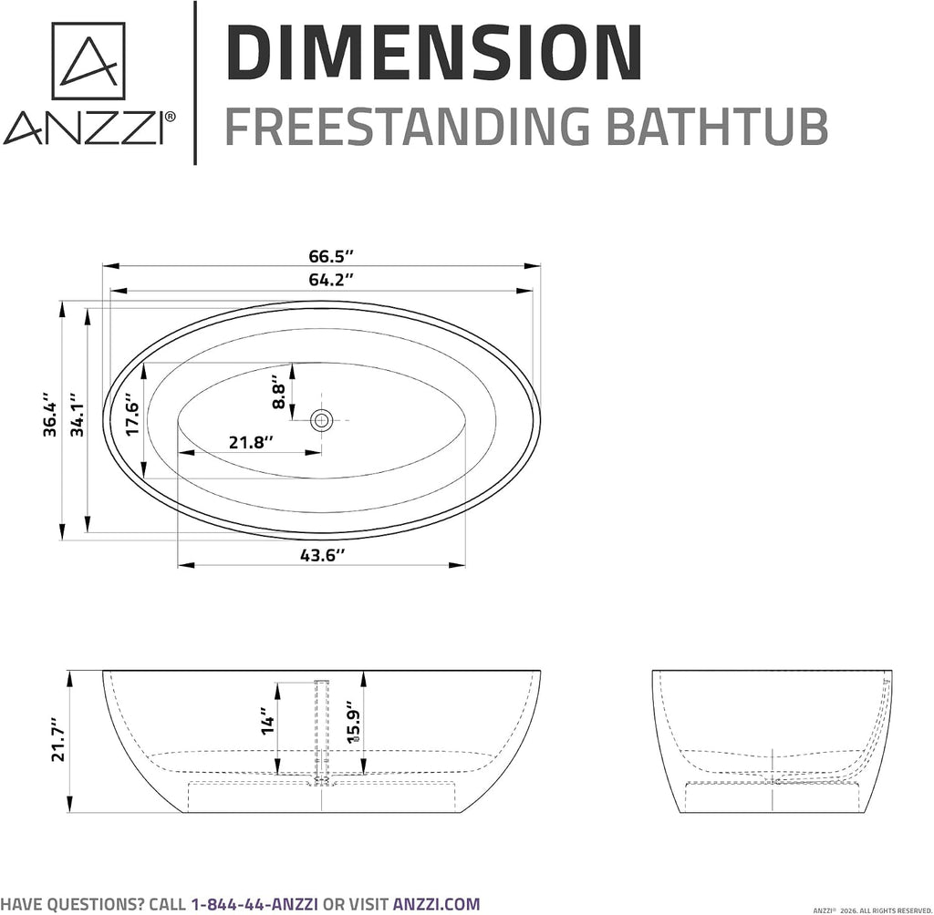 ANZZI Freestanding Bathtub 67 In Flat Bottom Solid Surface Matte White Cestino Series One Piece Soaking Tub Center Drain With Overflow Modern Bathroom Design Deep Basin Ergo FT-AZ510 | FT-AZ510