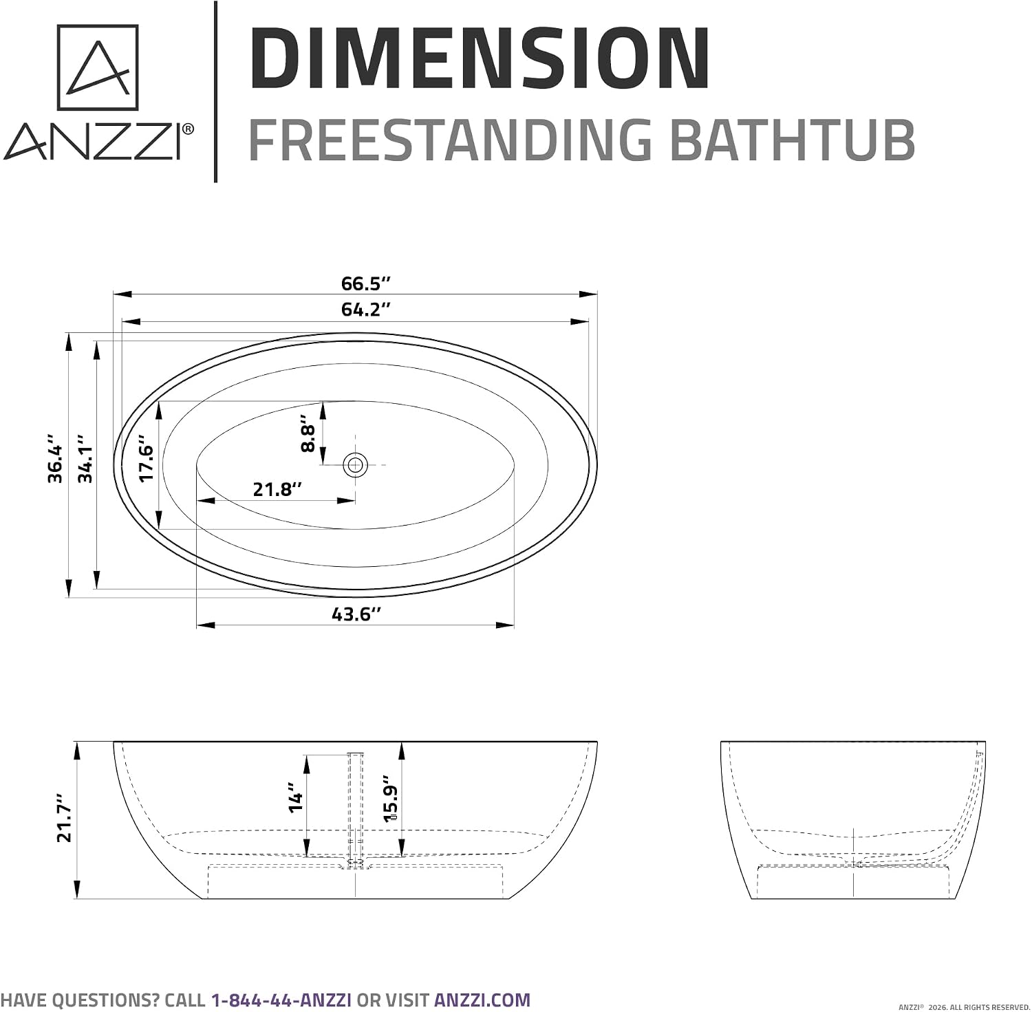 ANZZI Freestanding Bathtub 67 In Flat Bottom Solid Surface Matte White Cestino Series One Piece Soaking Tub Center Drain With Overflow Modern Bathroom Design Deep Basin Ergo FT-AZ510 | FT-AZ510