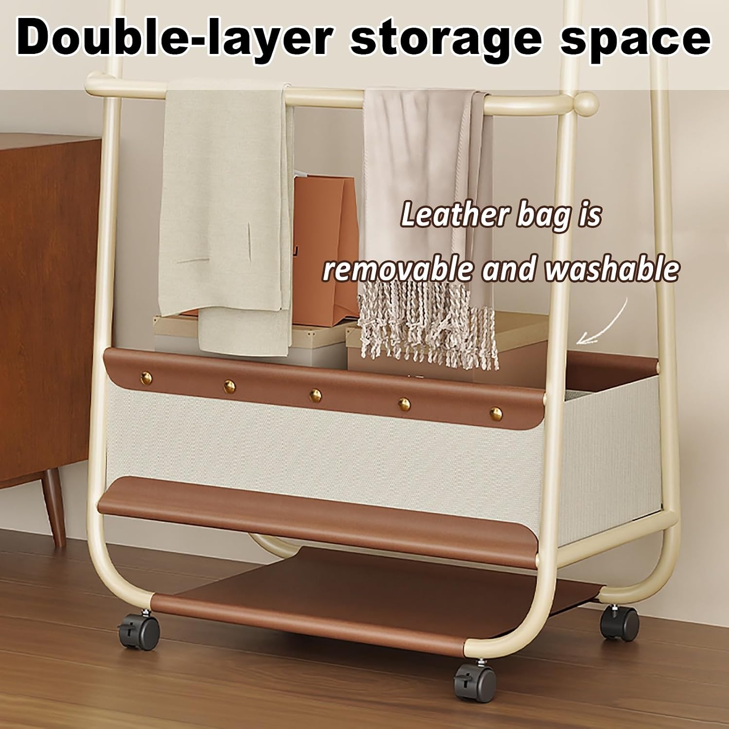 Double Rods Clothes Rack With Wheels, Heavy Duty Garment Rack, Metal Freestanding Clothing Organizer, Wardrobe Racks For Bedroom Living Room Laundry Balcony(100cm/39.4in)