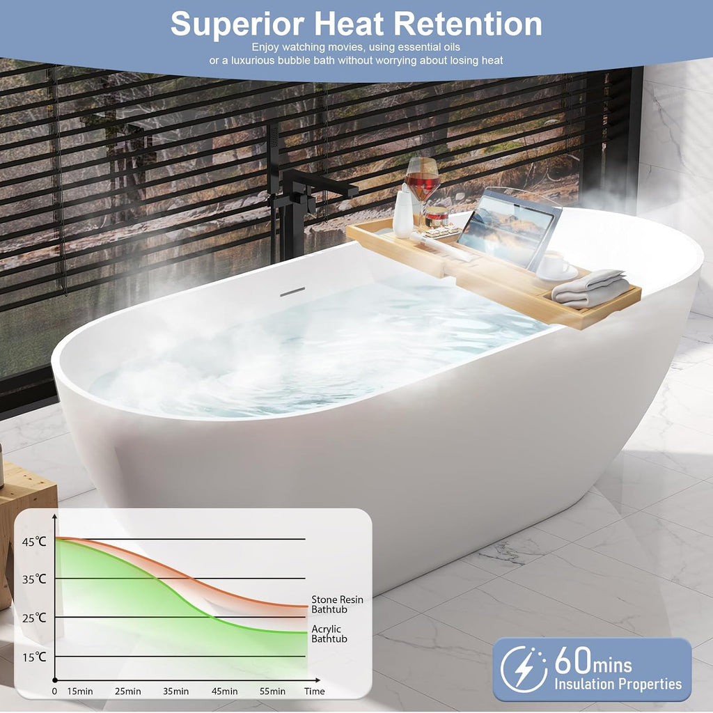 Zevemomo 63 Inch Solid Surface Freestanding Bathtub, Oval Shaped Soaking Stone Resin Bath Tub with Brushed Overflow and Drain, Matte White Stand Alone Bathtub, cUPC Certified