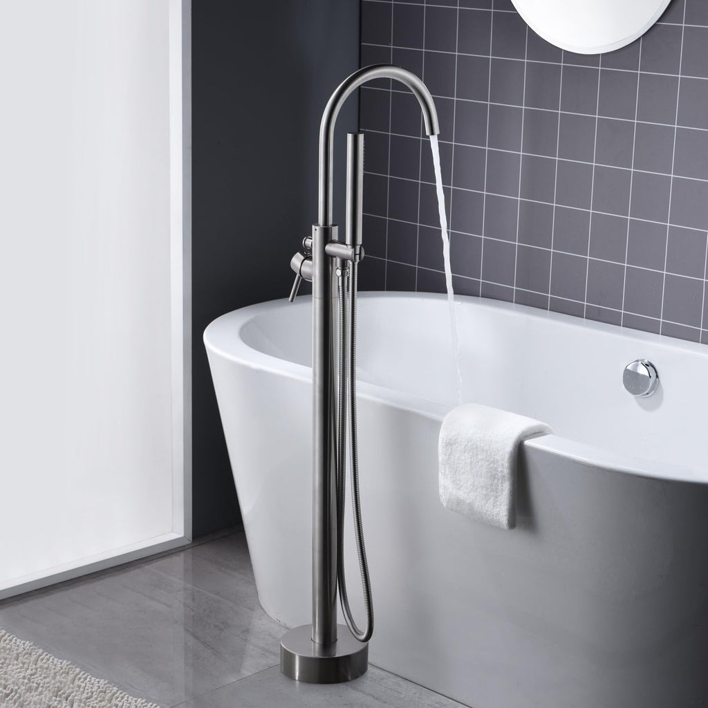 Freestanding Tub Filler Bathtub Faucet Brushed Nickel Floor Mount Single Handle Brass Faucets with Hand Shower