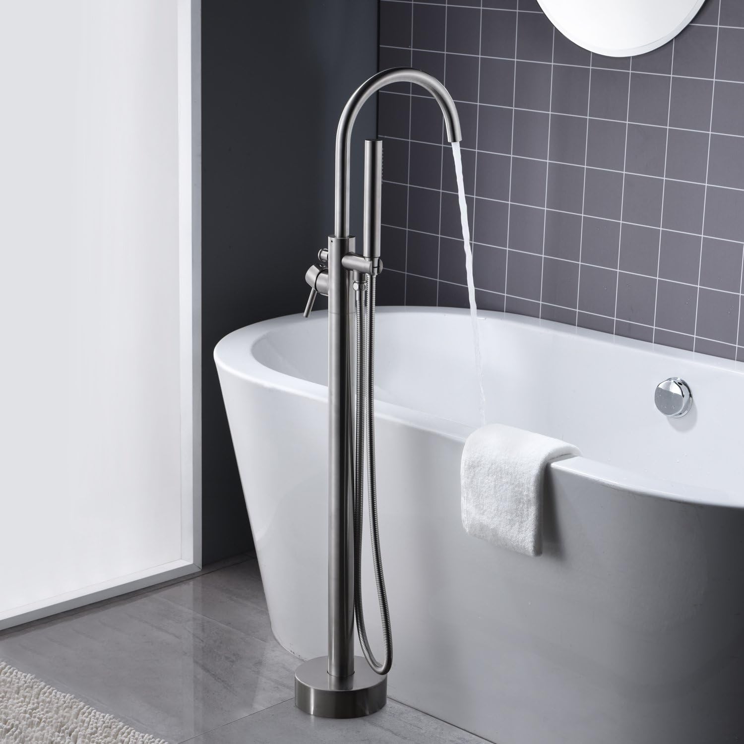 Freestanding Tub Filler Bathtub Faucet Brushed Nickel Floor Mount Single Handle Brass Faucets with Hand Shower