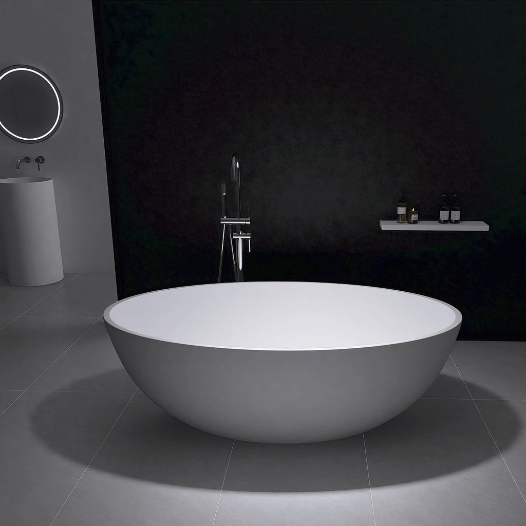 67' x 39' Freestanding Solid Surface Resin Stone Bathtub, Modern Design Stand Alone Tub with Pop Up Drain and Overflow, Matte White 301MW1700