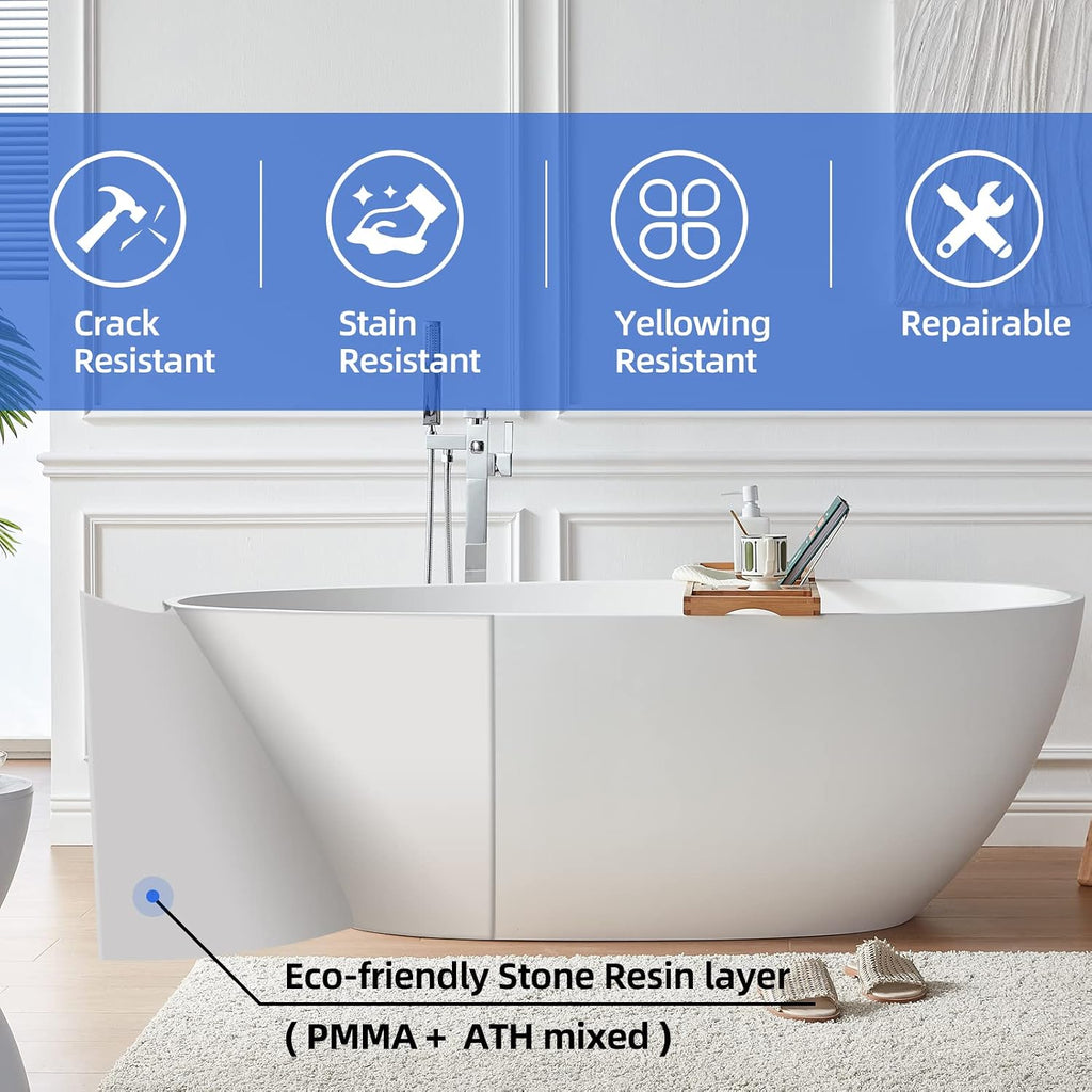 Cpingao 59' Freestanding Bathtub, Oval Shaped Stone Resin Freestanding Tubs, Solid Surface Matte White Soaking Tub with Overflow and Pop-up Drain 8801-1500