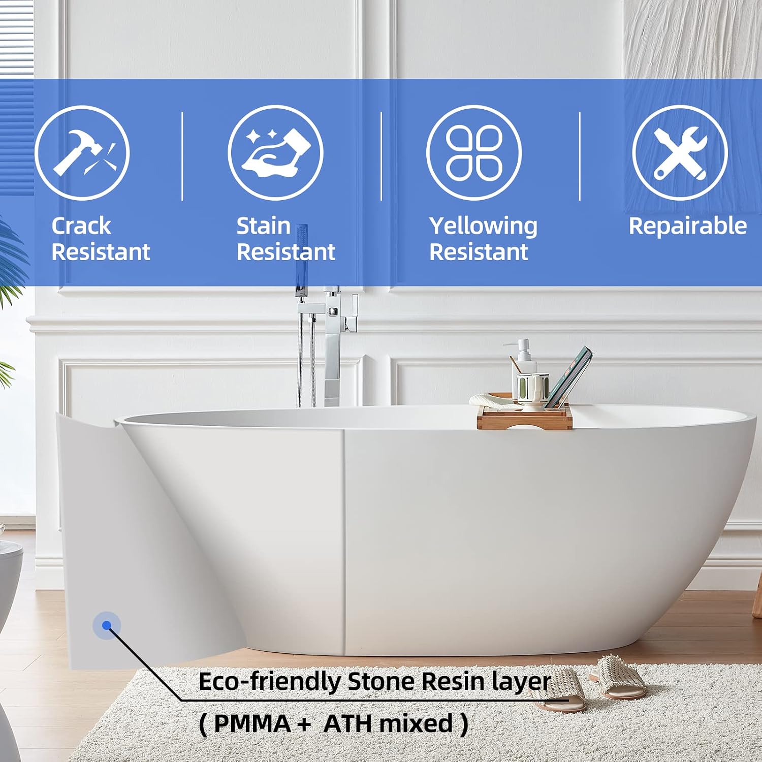 Cpingao 59' Freestanding Bathtub, Oval Shaped Stone Resin Freestanding Tubs, Solid Surface Matte White Soaking Tub with Overflow and Pop-up Drain 8801-1500