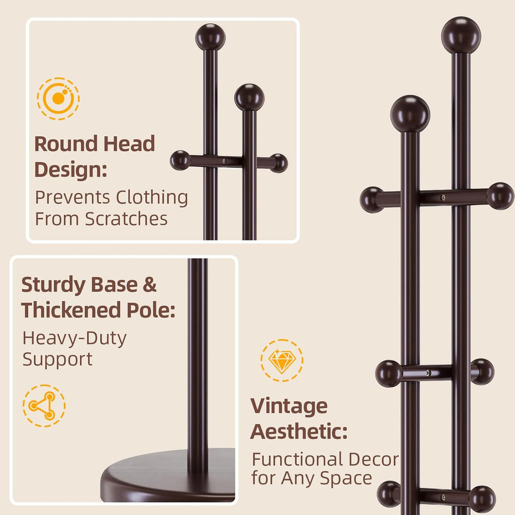 CozyDH Coat Rack Wooden Freestanding - Wood Coat Rack Freestanding Heavy Duty, Wooden Coat Stand with 6 Hooks Creative Look for Entryway, Hallway, Bedroom (Dark Walnut)