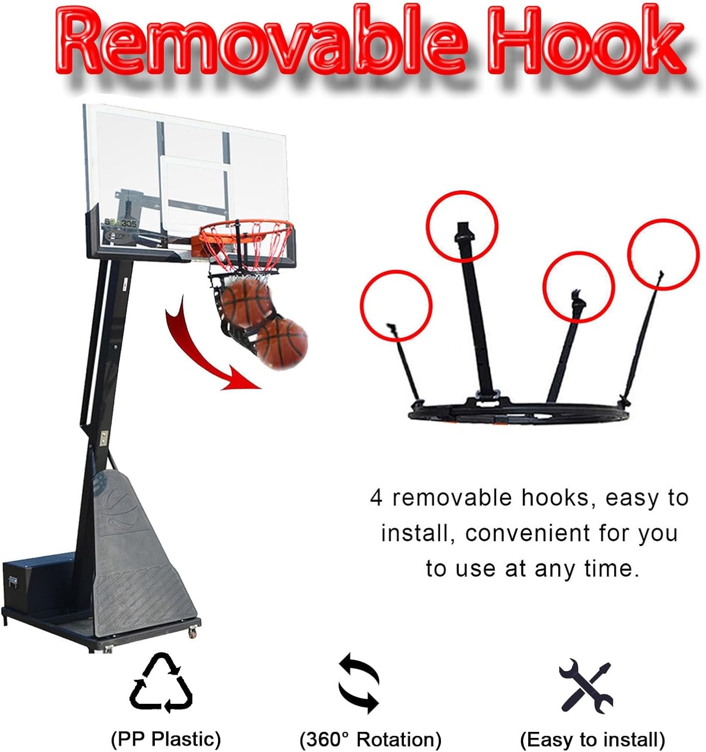 Basketball Return Attachment with 360° Rotating Chute, Outdoor Basketball Shot Returner, Plastic Basketball Net Catcher