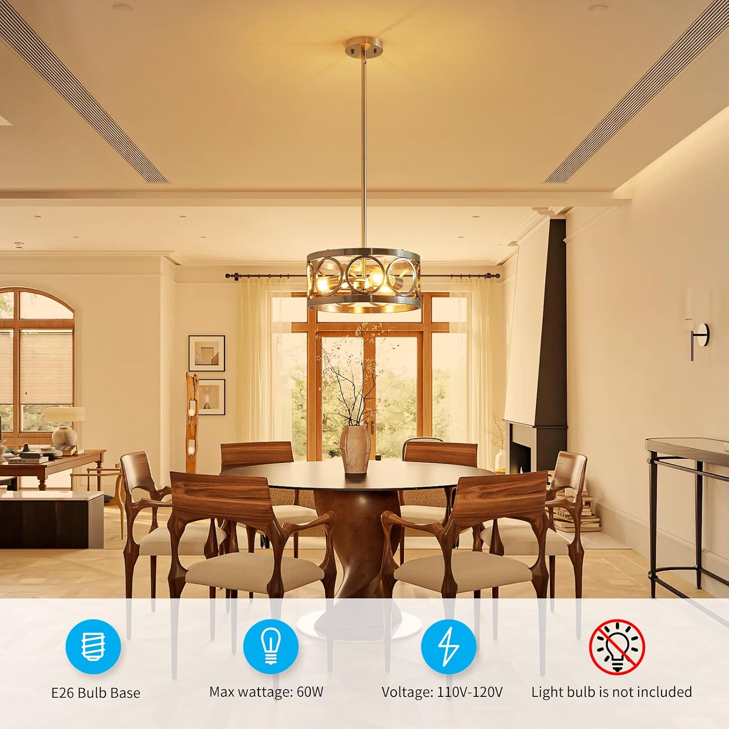 XINGQI Brushed Nickel 3-Light Rustic Ceiling Light Modern Adjustable Height Pendant Lighting Fixture Antique Drum Lamp for Living Room Bedroom Entryway Corridors 13'