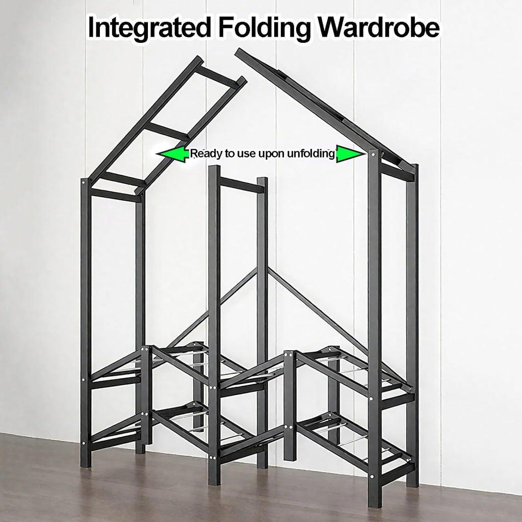 Portable Closet Wardrobe With Hanging Rods, Metal Closet Rack For Hanging Clothes, Clothing Rack With Cover, Metal Garment Racks Organizer For Bedroom(White1,145cm/57.1inch)
