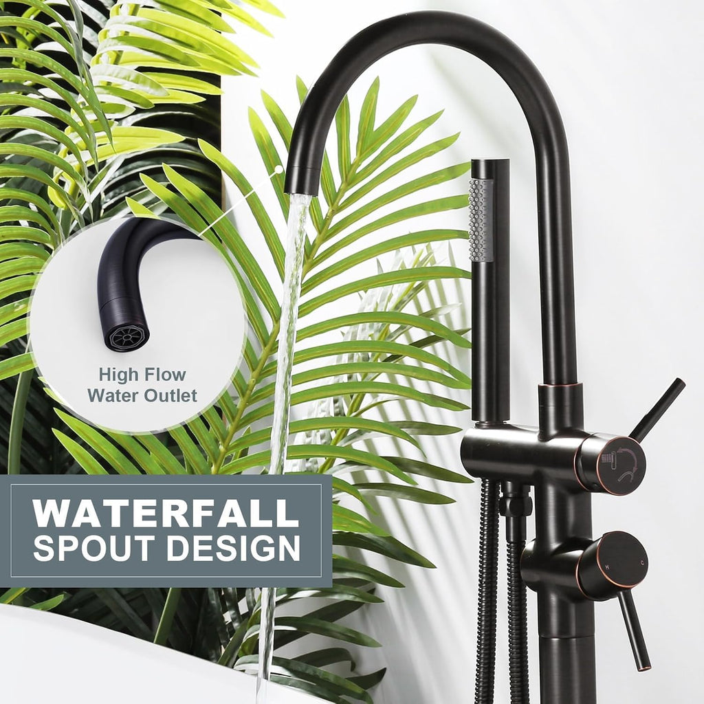 Freestanding Tub Filler Faucet, Floor Mount Oil Rubbed Bronze Bathtub Faucet with Single Handheld Shower, Brass Shower Tub Faucet Set Complete, Bathtub Faucet with Shower
